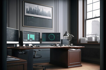 Stock Traders Modern Interior Office Workspace for the business of trading investment finance, Stock Exchange Trading Screens, Professional Traders of Stocks and Crypto Markets, generative ai jpeg 13