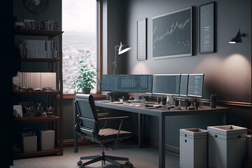 Stock Traders Modern Interior Office Workspace for the business of trading investment finance, Stock Exchange Trading Screens, Professional Traders of Stocks and Crypto Markets, generative ai jpeg 12