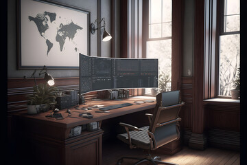 Stock Traders Modern Interior Office Workspace for the business of trading investment finance, Stock Exchange Trading Screens, Professional Traders of Stocks and Crypto Markets, generative ai jpeg 9