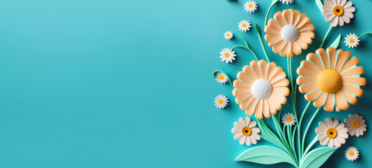 Spring sale banner with beautiful colorful flower ob blue background. Can be used for template, banners, wallpaper. Vector illustration. Ai generative