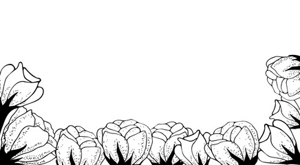 Beautiful floral art background with space for text. Luxury wallpaper on the side with white flowers, leaves and branches on the side. Hand drawing. Elegant botanical design for banner, invitation, pa