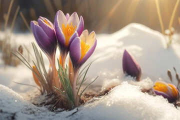 Snowdrop flowers (Crocus) growing out of the snow. Spring is coming, Ai generative
