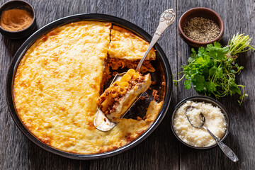 Greek Pastitsio in baking dish, top view