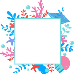Cute square frame with sea shells, sea animals, water plants. Watercolor frame with hand drawn shells, starfishes, text in bright colors. Template for poster, banner, greeting card, flyer.