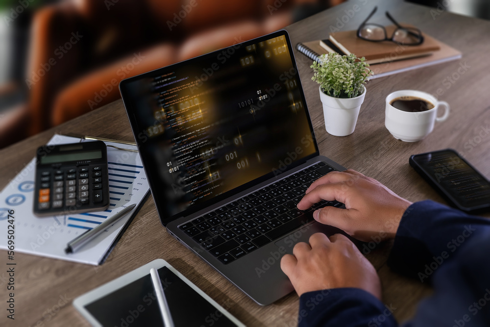 Poster software engineer working on a laptop website application development technology concepts 