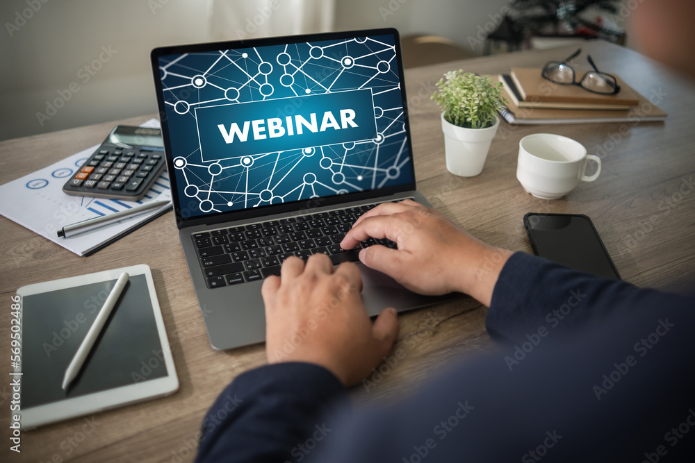 Poster webinar, hands-on table use e-business connection on computer, man working from home participating i