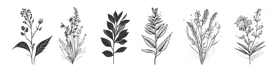 Obraz premium Minimalistic flower graphic sketch drawing, trendy tiny tattoo design, floral botanic elements minimal illustration. Generative ai.