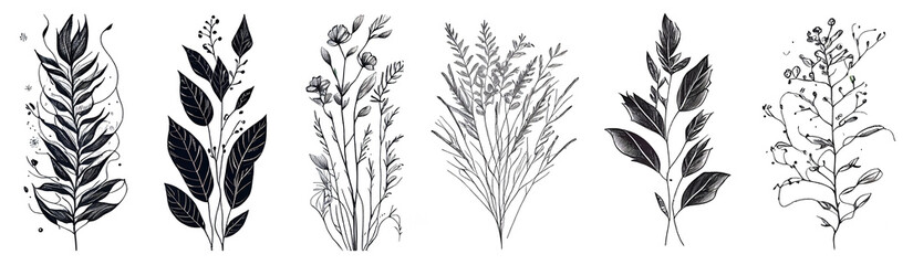 Minimalistic flower graphic sketch drawing, trendy tiny tattoo design, floral botanic elements minimal illustration. Generative ai.