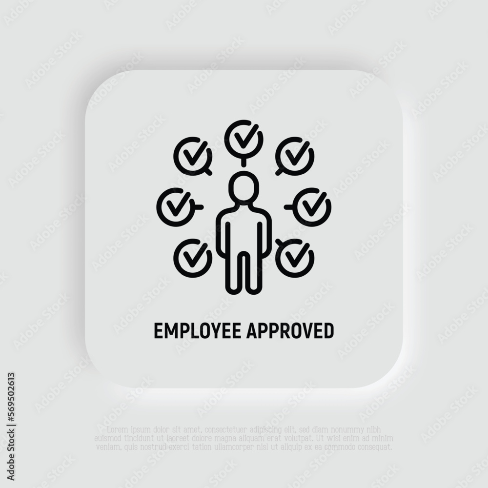 Poster employee is approved for job. successful interview. man with check marks. modern vector illustration
