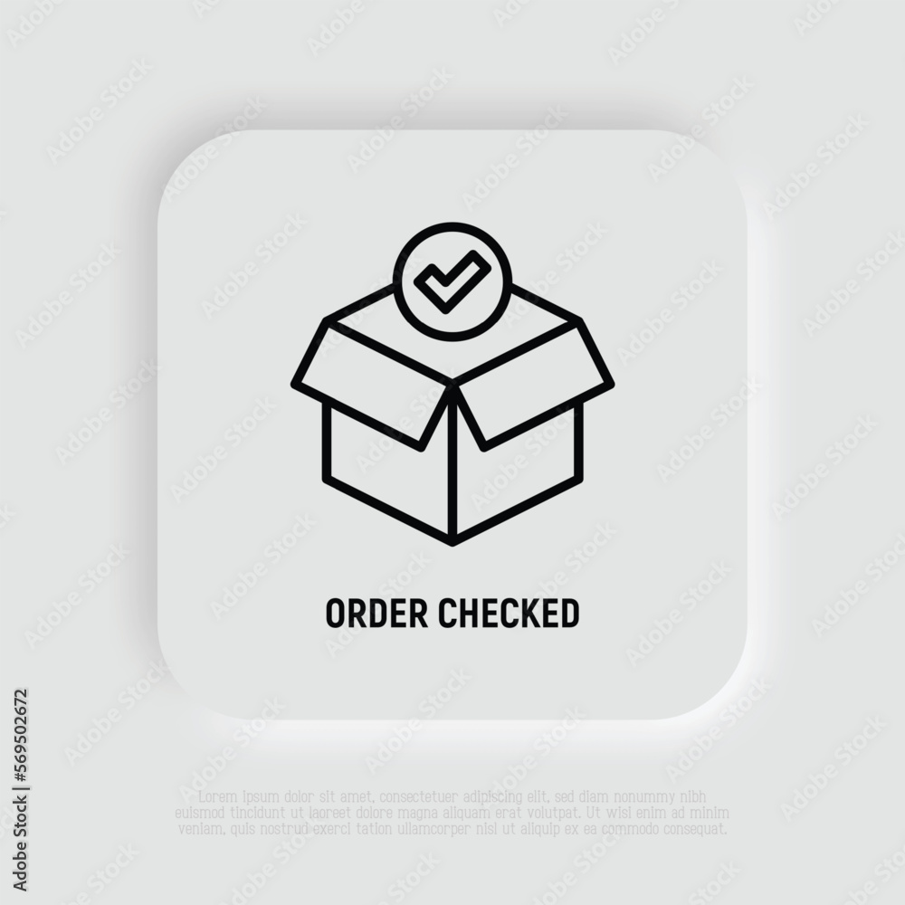 Poster order checked: open package with check mark. thin line icon. modern vector illustration for delivery