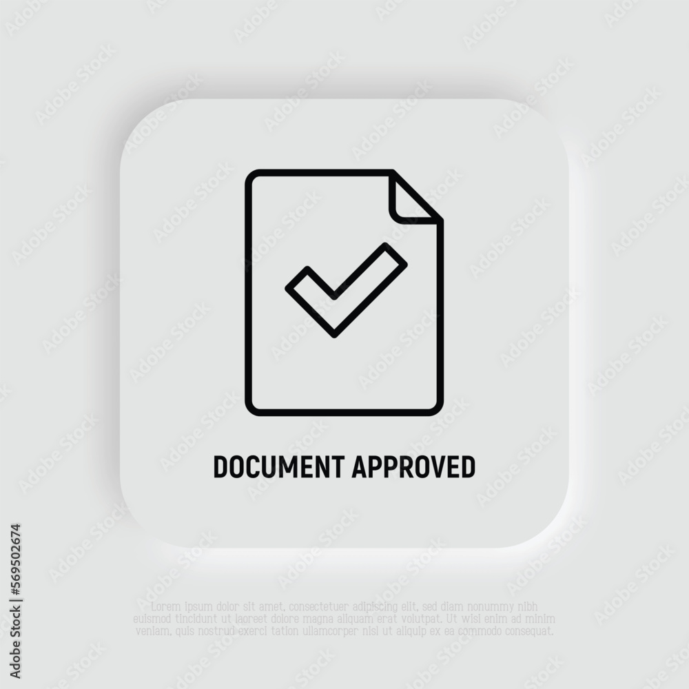 Poster document approved thin line icon: paper sheet with check mark. modern vector illustration.