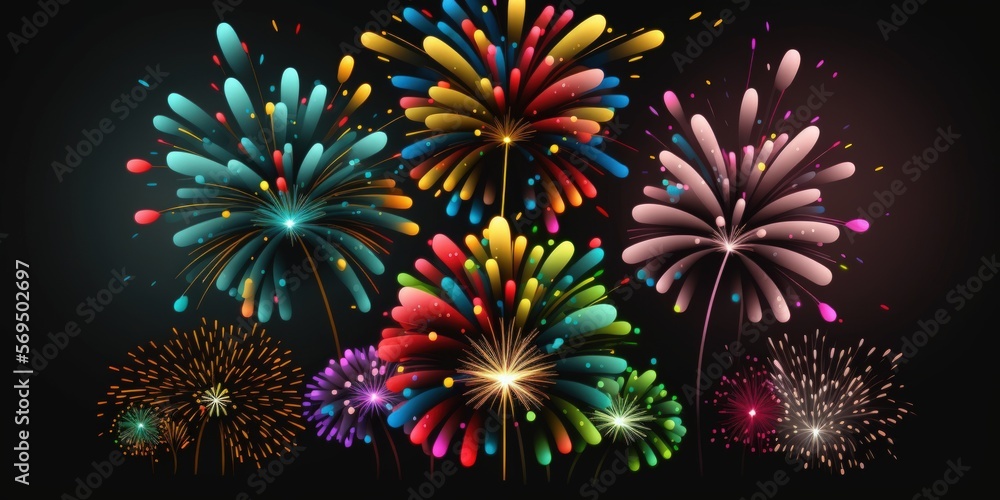 Poster fireworks display in various colors against a pitch black background. generative ai