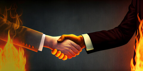 Flame handshake, underhanded business transaction. War crimes. Weapon sales. End of the world. Sleeve is on fire. Dirty politics. Crimes about humanity. Generative Ai.