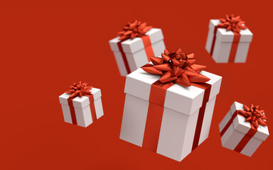 Gift boxes with ribbon and bow for Merry Christmas flying and falling on red