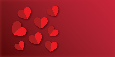 Red hearts with light on red background. Greeting card for Valentine's day and Wedding, birthday, poster and banner, love concept. copy space. shadow overlay. illustration paper art design style.