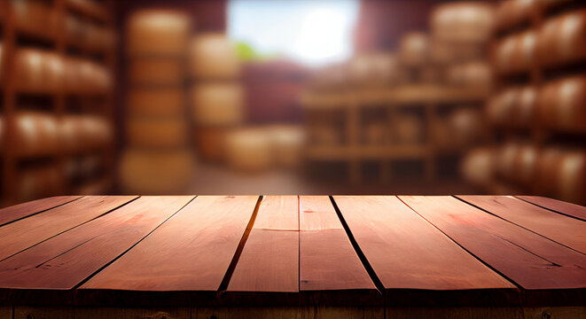 Image of wooden table in front of abstract blurred background of Cheese Factory. Generative Ai.