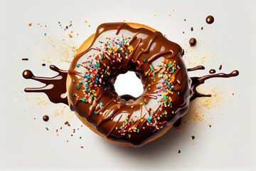 Close up donut chocolate sprinkles on white background. Ai generated