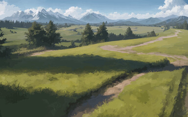 A green field with a blue sky, beautiful clouds and mountains landscape background. Generated by AI and traced. Generative AI technology.