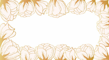 Golden floral art background with space for text. Luxury wallpaper on the side with white flowers, leaves and branches on the side. Hand drawing. Elegant botanical design for banner, invitation, packa