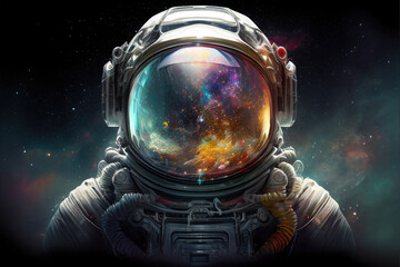 Front view astronaut potrait. Astronaut in space suit with galaxy and nebula reflection in helmet glass. Deep space exploration. Created with generative ai - obrazy, fototapety, plakaty
