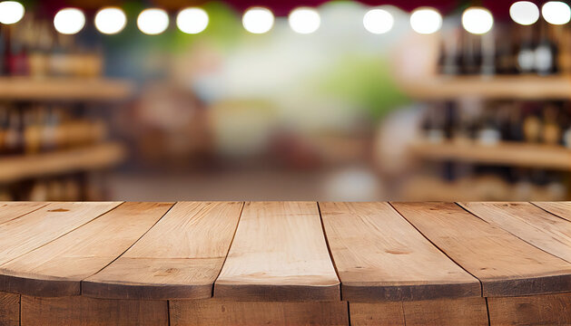 Image of wooden table in front of abstract blurred background of Winery. Generative Ai.