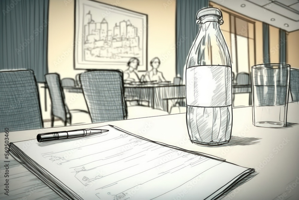 Poster glass and bottle of water with pencil and paper setup on the table for the speech of the lecture ,pr