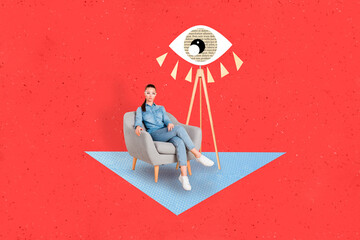 Composite collage photo of confident business woman sitting comfortable indoors armchair spying...