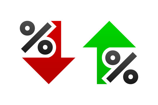 Percentage Arrow with Percent sign. Percentage arrow up and down icons. Concept for banking, credit, interest rate, finance and money sphere. Vector illustration.