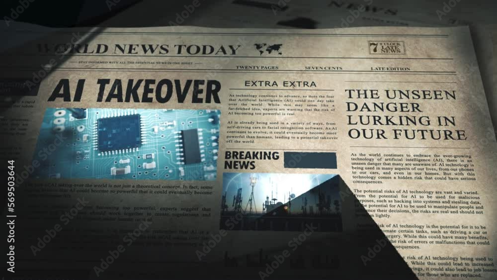 Poster ai takeover on cover of newspaper, artificial intelligence, animation with computer processor and he