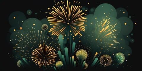 Festive fireworks in close up in gold and green against a dark background. ethereal holiday backdrop. Generative AI