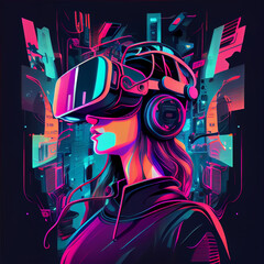 Concept of virtual reality technology, graphic of a teenage gamer wearing VR head-mounted playing game. Generative Ai.