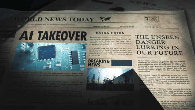 AI Takeover on Cover of Newspaper, Artificial Intelligence, Animation With Computer Processor and Headlines