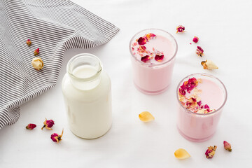 Pink red velvet latte tea or coffee. Cold healthy drink