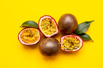 Set of whole and half of fresh passion fruit - marakuya