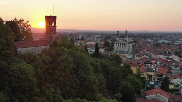 City of Schio aerial view at sunrise of city and cathedral