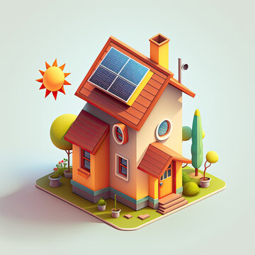 Colorful eco-house on color background. Concept of renewable energy. House with solar panels on the roof. Generative AI