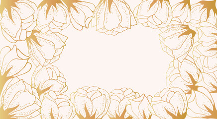 Golden floral art background with space for text. Luxury wallpaper on the side with white flowers, leaves and branches on the side. Hand drawing. Elegant botanical design for banner, invitation, 