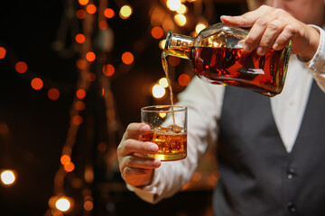 Bartender Serve Whiskey, on wood bar, 