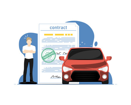 Personal car sale contract concept, Human standing with personal car documents information, Digital marketing illustration.