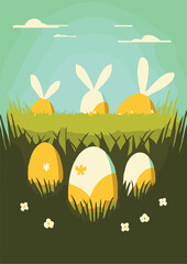 Set of Easter backgrounds. Spring morning meadow with easter bunny, basket with eggs.