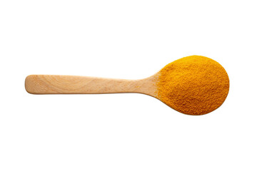 Yellow turmeric powder in a wooden spoon isolated on a transparent background.