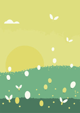 Set of backgrounds for the text dedicated to the holiday of Easter.   . Spring morning meadow with easter bunny, basket with eggs. Cute picture nature animals sunny colors. Set of Easter backgrounds