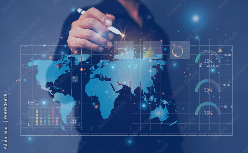 Poster businessman hand with pen pointing glowing abstract virtual graph mathematical formula on blue backg