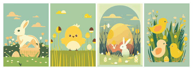 Fototapeta na wymiar Set of Easter backgrounds. Spring morning meadow with easter bunny, basket with eggs.