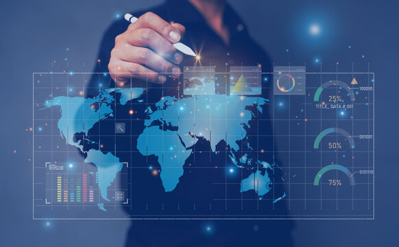 Businessman hand with pen pointing glowing abstract virtual graph mathematical formula on blue background equation concept digital data and investment mathematics to analyze the global trading market