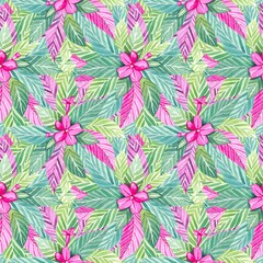 Seamless pattern with watercolor tropical leaves and flowers