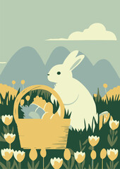 Set of Easter backgrounds. Spring morning meadow with easter bunny, basket with eggs.