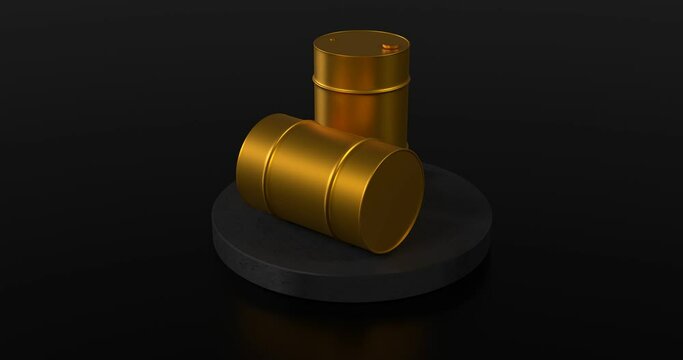 Rotation of two golden barrels of oil on a stone podium on a dark background, seamless loop animation presentation, 3d rendering