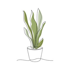 Vector house plant in pot one line continuous drawing vector illustration. Hand drawn linear icon. Green leaves silhouette. Minimal design, print, banner, card, wall art poster, logo.