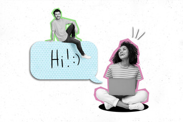 Photo of young positive couple online remote chatting distance communication network dating app...